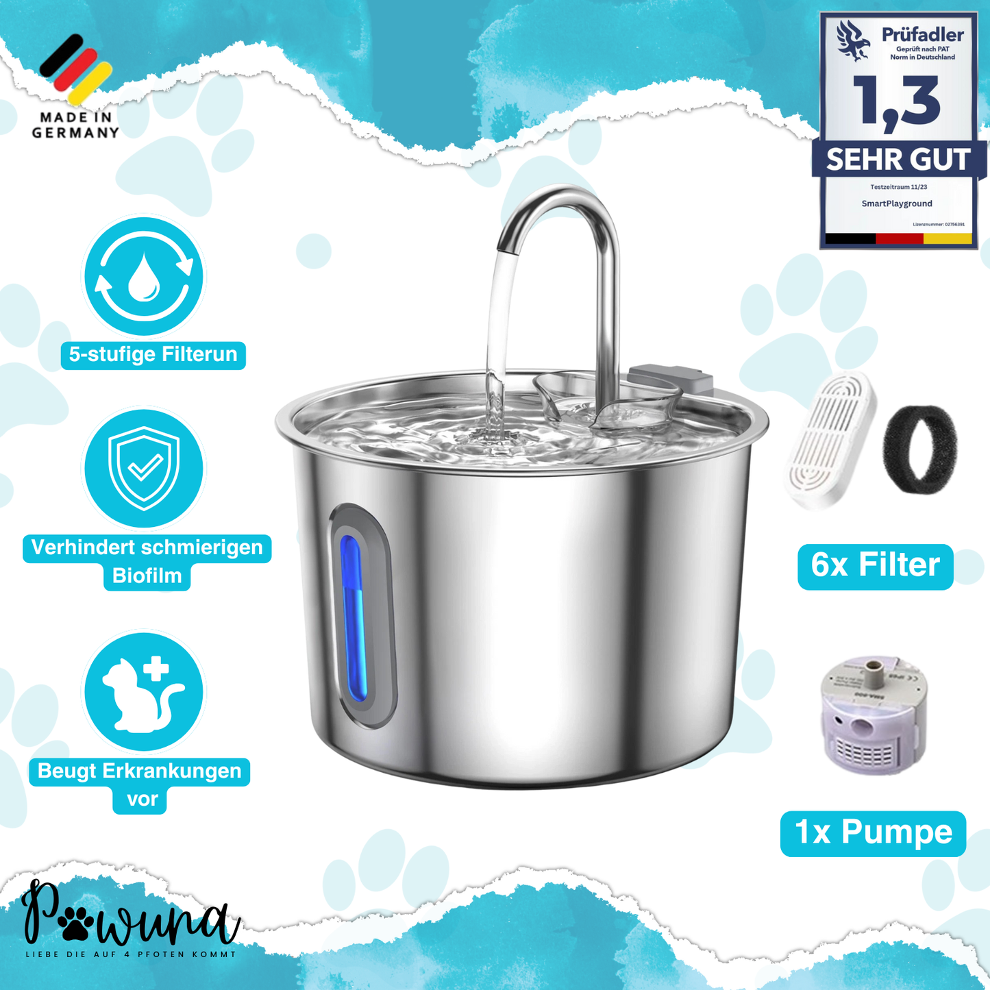 Aqua Brunnen - 4L Automatisierter Edelstahl Wasserspender mit Ultra-leise Pumpe