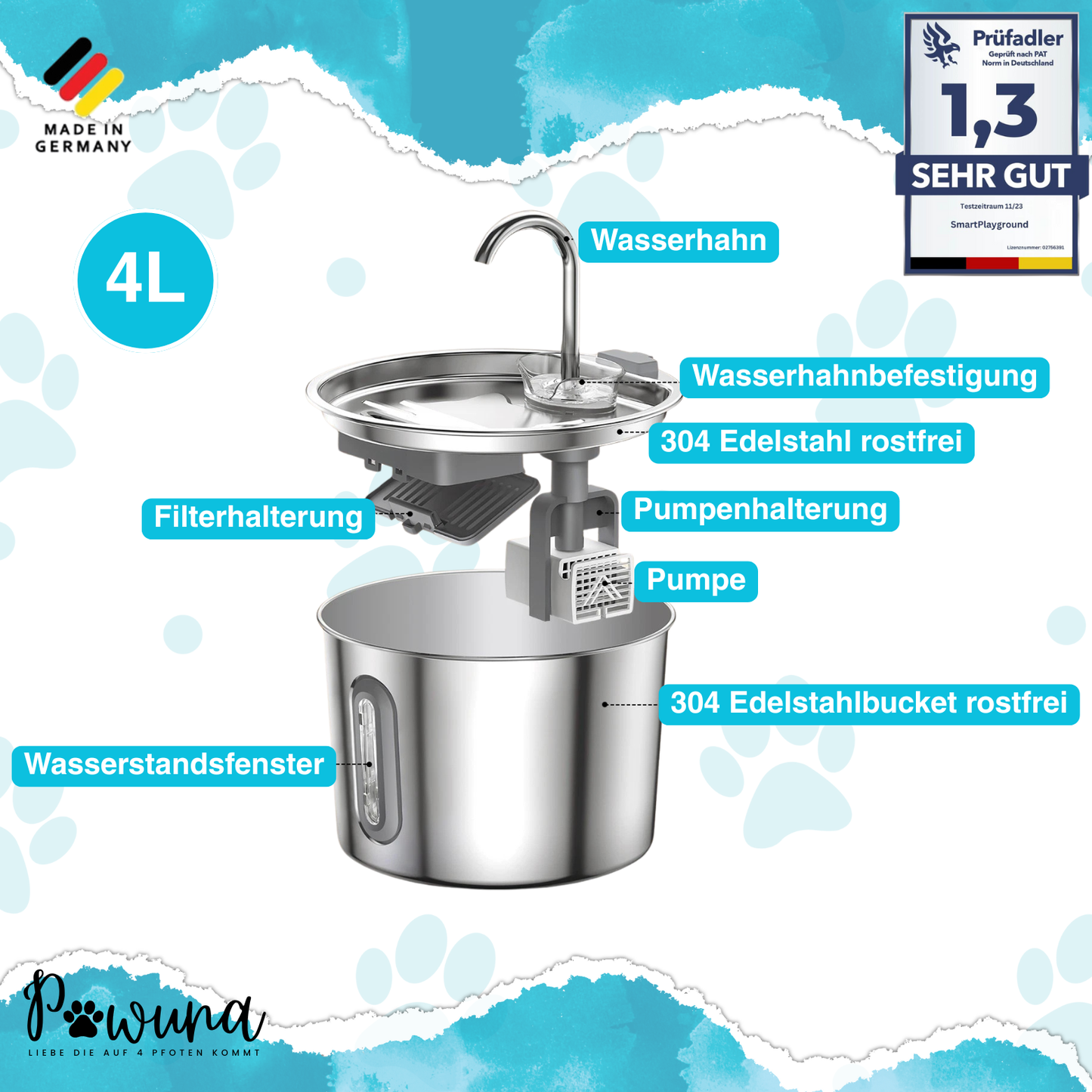Aqua Brunnen - 4L Automatisierter Edelstahl Wasserspender mit Ultra-leise Pumpe